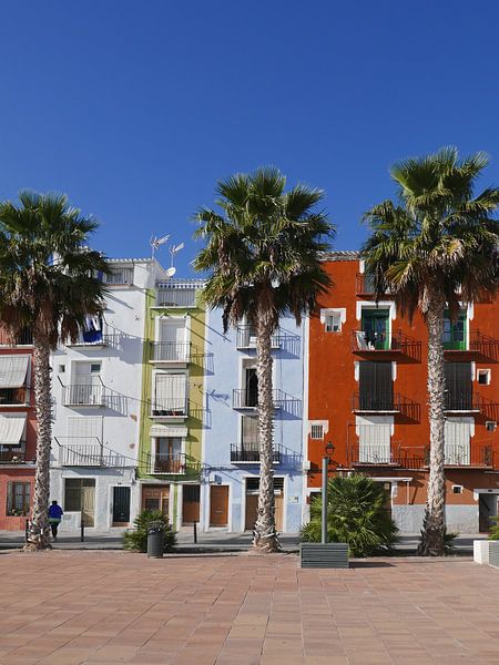 Kleurrijke huizen met palmbomen  aan de boulevard van Villajoyosa van Gert Bunt