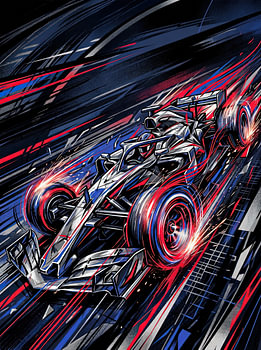 Voiture de course abstraite – Œuvre d’art sur le thème du sport automobile à grande vitesse, en rouge, bleu & noir