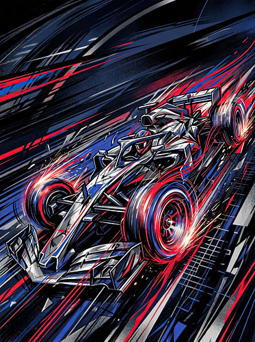 Abstrakter Formel-Rennwagen – Hochgeschwindigkeits-Motorsportkunst in Rot, Blau & Schwarz