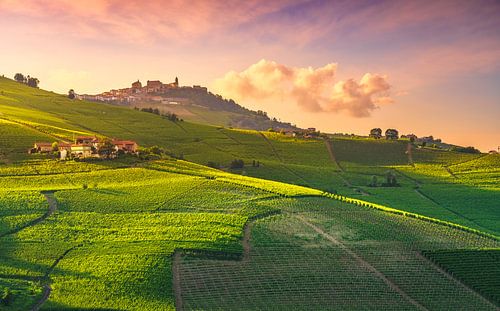 Langhe wijngaarden en La Morra op de achtergrond, Italië