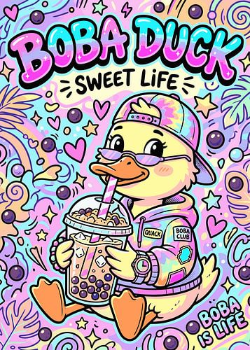 Cute Cartoon Duck Drinking Bubble Tea Boba Illustration