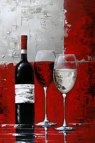 Abstract schilderij van wijnfles en glazen