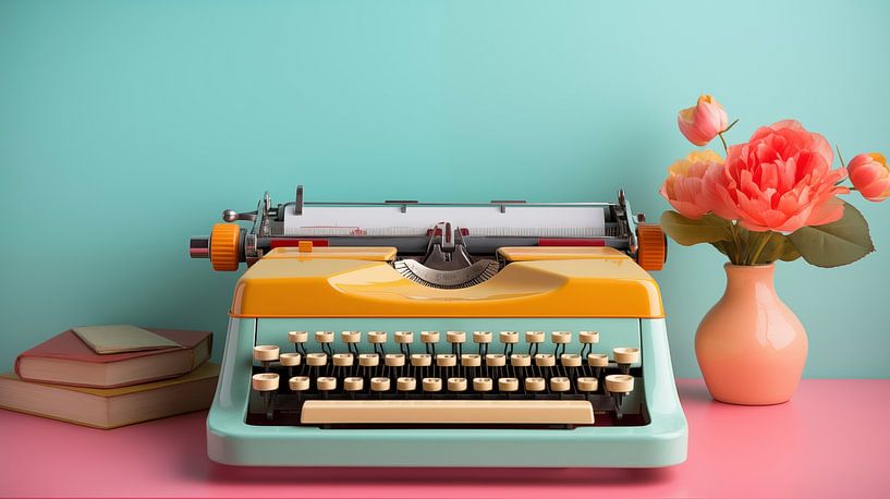 Machine à écrire rétro rose et jaune de style vintage sur fond aquamarine par Animaflora PicsStock