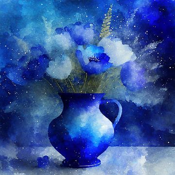 Delfts blauw vaas met bloemen van Loutje fotografie & styling