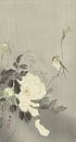 Vogeltje op tak bij bloeiende witte pioenroos van Ohara Koson van Gave Meesters thumbnail