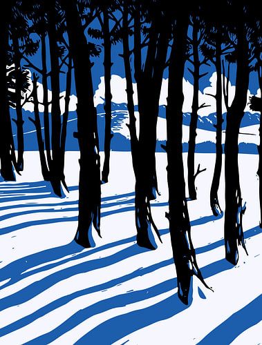 Winter Bos Schaduwen - Blauw Minimal Natuur Muur Art