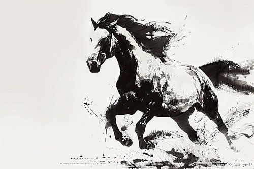 Galloping horse portrait black-and-white animal painting by Vlindertuin-Art