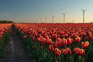 Ein Tulpenfeld in Nordholland mit modernen Windturbinen im Hintergrund