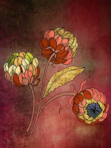 Collage of flowers with gold accents, Series: Botanical Abstract Art.