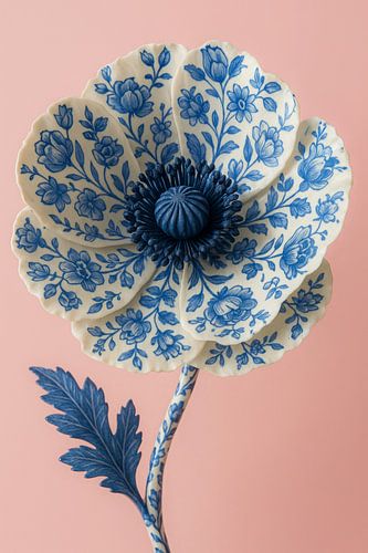 Magnifique coquelicot bleu de Delft - Fleur en porcelaine