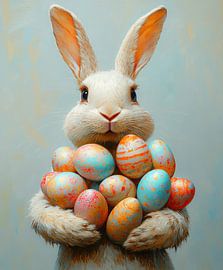 Gros plan sur le lapin de Pâques et ses œufs colorés