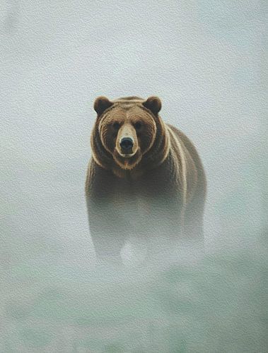 Majestic Grizzly Bear Misty Fog Impasto Wildlife Portrait