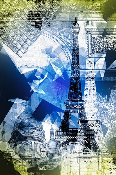 Kollage mehrerer Sehenswürdigkeiten in Paris - blau/gelb von BerbadenDigitalArt