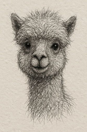 Thread portrait young alpaca (Curious look soft look animal illustration )