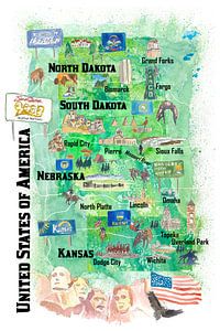 Nebraska Kansas und die Dakotas Illustrierte USA Reisekarte