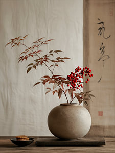 Nature morte « Japandi » avec bambou céleste (Nandina) et vase en céramique