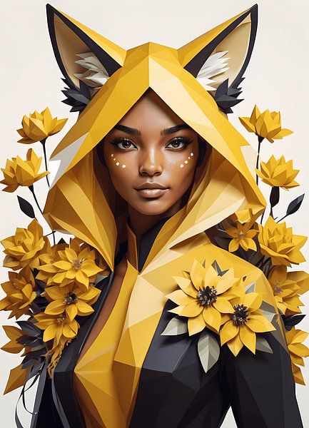 Low poly floral fox girl, black and yellow by 1xMerch