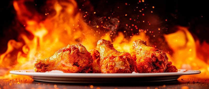 Fiery chicken wings on a plate by Poster Art Shop