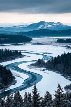 Winterlandschap met besneeuwde rivier van Poster Art Shop