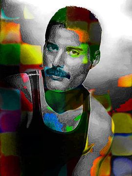 Freddie Mercury Abstraktes Porträt in Gelb, Grün, Orange, Blau von Art By Dominic