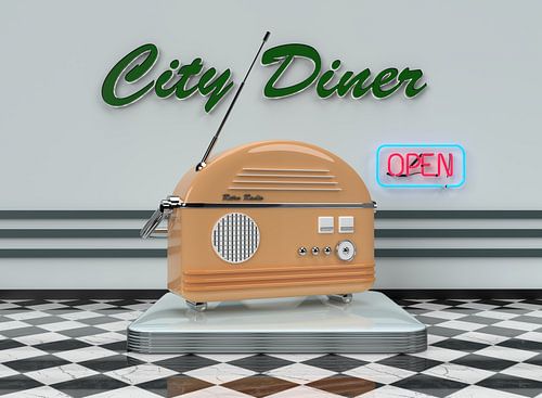 Retro Radio Oranje met neon sign