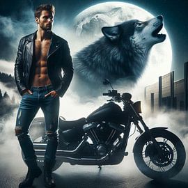 Mann mit Motorrad und Wolf von Bernhard Karssies