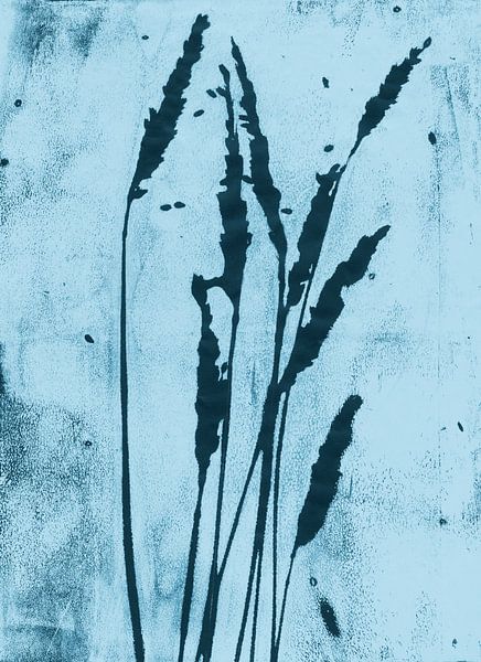 Grass blades in dark blue on white. Modern botanical minimalist art. by Dina Dankers