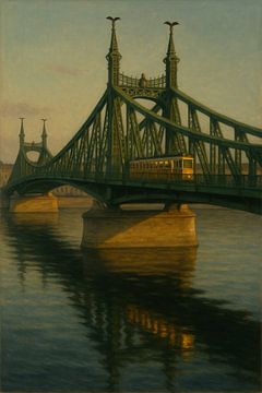 Liberty Bridge at Dusk: Green Iron and Yellow Tram by Travel Shop