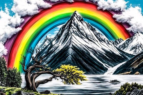 Regenboog en bergen wanddecoratie