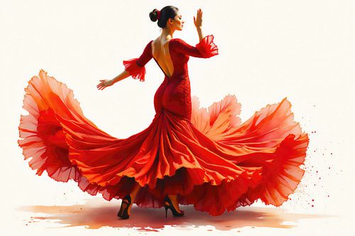 Jonge vrouw danst flamenco in een mooie rode jurk