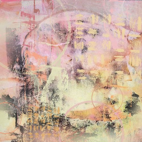 Abstract schilderij in pastel roze, beige, goudgeel en paars – modern kleurrijk kunstwerk voor woonkamer of kantoor interieur