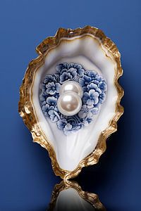 Delfts Blauwe Oester met GOUD en 2 PARELS