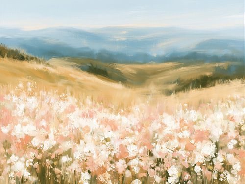 Pastellbild einer Wildblumenwiese, Blumenlandschaftsgemälde