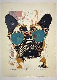 : Coole Französische Bulldogge mit Leoparden-Sonnenbrille – Retro Pop-Art Hundeporträt im Siebdruck-Stil von Dave Schloffi