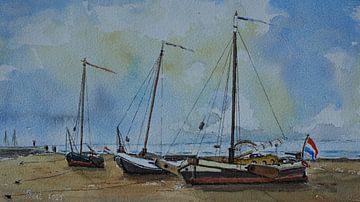 Aquarelle représentant des bancs de sable sur les vasières