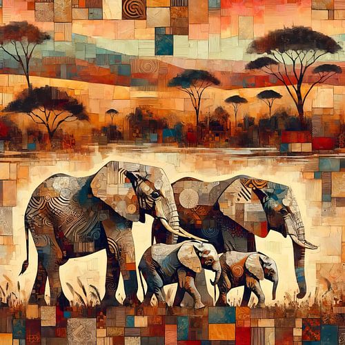 Technique mixte paysage africain avec famille d'éléphants