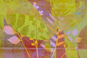 Modernes botanisches Mixed Media Art in Zitronengelb und Rosa