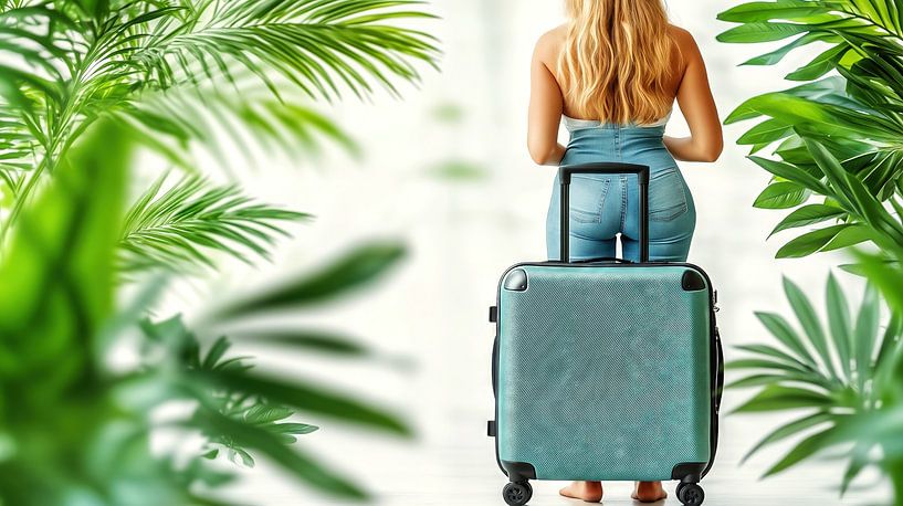 Blonde tourist with suitcase in tropical paradise by Frank Heinz