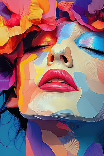 Colourful modern abstract portrait of a woman with flowers