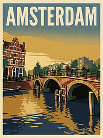 Vintage-Reiseplakat Amsterdam – Charakteristische Bogenbrücke und Grachtenhaus im Abendlicht