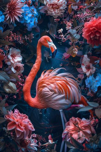 Dusk - Flamingo amid blooming splendour