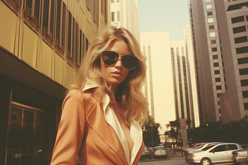 Fashion woman from the 1970s poses in front of a busy hotel in the city centre, photo in retro-vintage style by Animaflora PicsStock