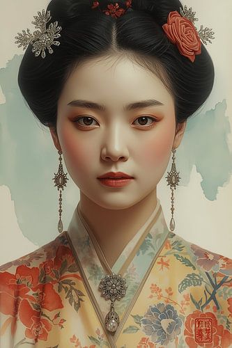 Originele Chinese vrouw in traditionele kleding en juwelen uit de 18de eeuw.