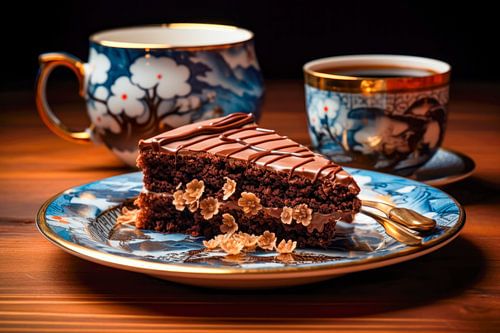 Chocoladetaart met Blauwe Porseleinen Kopjes - Elegant Stilleven