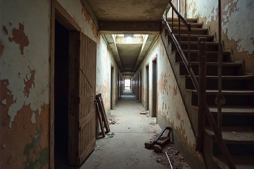 Verlassener Korridor in baufälligem Gebäude von Kleurenrijk
