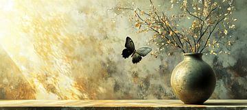 vaas bloemen | Sunlit Vase with Butterfly van Blikvanger Schilderijen