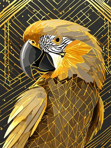 Vogelgemälde im Hotel-Chic: Goldener Papagei im Art-Déco-Stil
