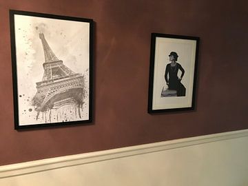 Klantfoto: Eiffeltoren aquarel grijs  van Melanie Viola