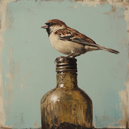 Stillleben mit Haussperling - Vogel auf Flasche in neutralen Farbtönen
