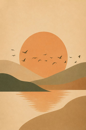 Terrakotta-Sonnenlandschaft – Minimalistische Boho-Kunst in Erdtönen